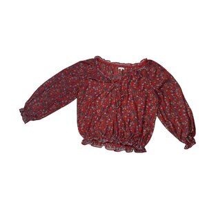 NEW Max Studio Womens Red Floral Blouse XL Elastic Waist & Cuffs 1866